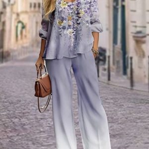 Women Floral Crew Neck Long Sleeve Comfy Casual Top With Pants Two-Piece Set, Jumpsuits&Rompers, color:Purple|size:XXL, Noracora