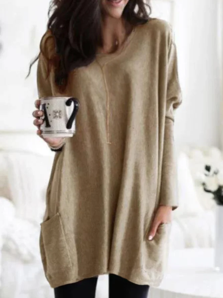JFN Crew Neck Casual Simple Pockets Loose Long Sleeve Sweatshirt, Sweaters, color:Khaki|size:XXL, JustFashionNow
