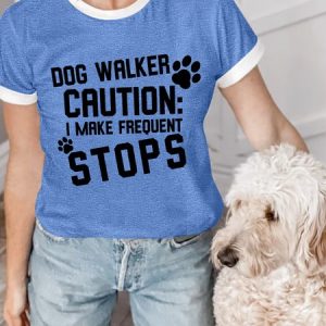Lilicloth X Funnpaw Women's Dog Walker Caution I Make Frequent Stops Regular Fit Casual T-Shirt, color:Blue|size:L, Lilicloth.com