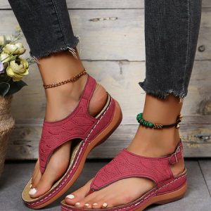 JFN Embroidered Wave Pattern Vintage Casual Thong Sandals, Sandals & Slippers, color:Wine Red|size:US 11, JustFashionNow