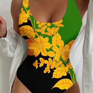 Vacation Floral Printing Scoop Neck One-Piece Swimsuit, swimwear>>One-Pieces, color:Green|size:3XL, JustFashionNow
