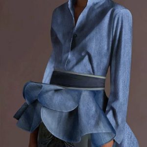 Faux denim Shirt Collar Plain Urban Regular Fit Blouse, Blouses and Shirts, color:Blue|size:XXL, Stylewe