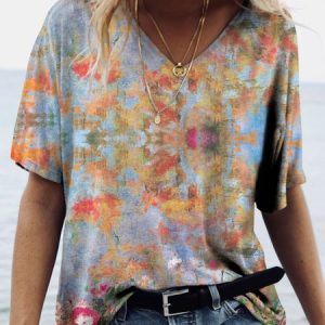 Women's Casual Ombre Floral Pattern V-Neck Half Sleeve T-Shirt Daily Commuting Vacation, T-Shirts, color:Blue|size:XXL, JustFashionNow