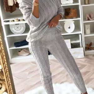 Casual Plain Crew Neck Regular Fit Two-Piece Set, Suit Set, color:Light Gray|size:3XL, JustFashionNow