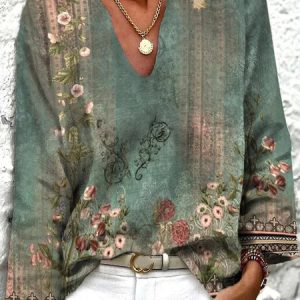 Loose V Neck Ethnic Top, Shirts & Blouses, color:Multicolor|size:XXL, JustFashionNow