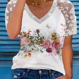 Women's Fashion Breathable Lightweight Lace Floral Print V Neck Top T-Shirt, Shirts & Blouses, color:Color3|size:3XL, JustFashionNow