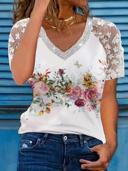 Women's Fashion Breathable Lightweight Lace Floral Print V Neck Top T-Shirt, Shirts & Blouses, color:Color3|size:3XL, JustFashionNow