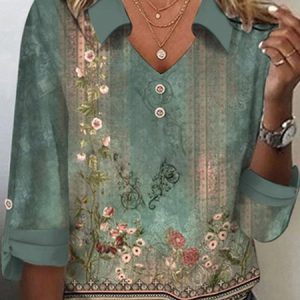 Shawl Collar Long Sleeve Ethnic Buckle Regular Loose Shirt For Women, Shirts, color:Green|size:XXL, Noracora