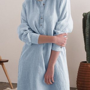 Casual Cotton And Linen Half Open Collar Dress With No, Dresses, color:Blue|size:5XL, JustFashionNow