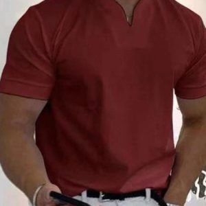 V Neck Regular Fit Plain Casual T-Shirt, T-Shirts, color:Wine Red|size:5XL, JustFashionNow