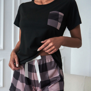 Women's Breathable Comfortable Plaid Casual Pajamas Set, Pajamas, color:Pink|size:XL, Noracora