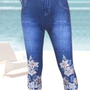 Tight Vacation Geometric Skinny Capri Leggings Faux Denim Flower Print Leggings Elastic Waist Summer Casual Leggings, Leggings, color:Deep Blue|size:XXL, JustFashionNow