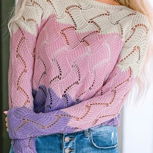Women Color Block Long Sleeve Comfy Vintage Sweater, Sweaters, color:Multicolor|size:XL, Noracora