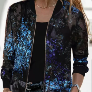 Zipper Casual Abstract Chiffon Jacket, Jackets, color:Black-blue|size:5XL, JustFashionNow