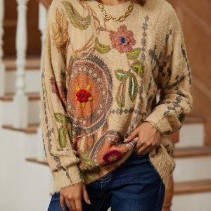 Casual Floral Regular Fit Crew Neck Sweater, Sweaters, color:Yellow|size:XXL, JustFashionNow