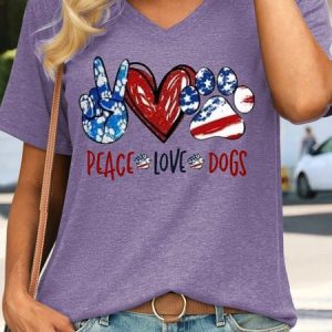 Women's Peace Love Dog USA Flag Casual T-Shirt, color:Purple|size:3XL, Lilicloth.com