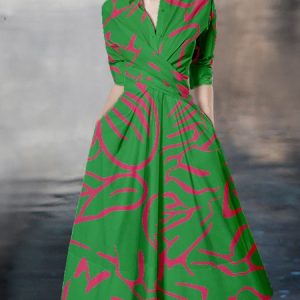 Abstract Graphic Regular Fit Shirt Collar Dress, Midi Dresses, color:Green|size:XXL, Stylewe