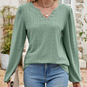 Women's Casual Solid Color V Neck Long Sleeve Tee Cover Up Vacation Boho Clothing, Shirts & Blouses, color:Lightgreen|size:XXL, JustFashionNow