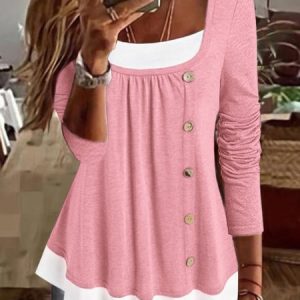 Women's Color Block Long Sleeve Square Neck Button Flowy Tunic Top, Shirts & Blouses, color:Pink|size:XXL, JustFashionNow