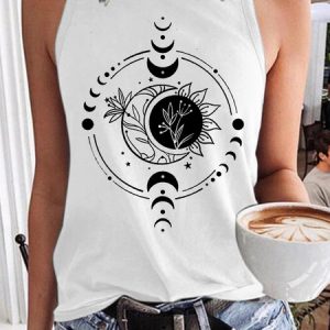 Women's Mystic Moon And Sun Celestial Moon Spiritual Crew Neck Casual Tank Top, color:White|size:3XL, Lilicloth.com