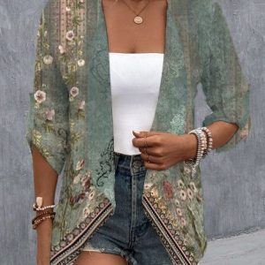 Ethnic Casual Lapel Collar Kimono, Cardigans, color:Green|size:XXL, JustFashionNow