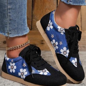 Black-blue Color Block Floral Print Lace Up Shoes, Flats, color:Black-blue|size:43, JustFashionNow