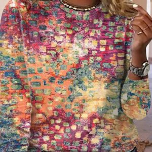 Plus Size Loose Abstract Long sleeve Casual T-Shirt, TOPS, color:Orange|size:4X, Noracora