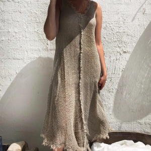 Cotton And Linen V Neck Sleeveless Dress, Dresses, color:Khaki|size:XXL, JustFashionNow