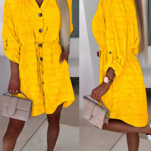 Plain Casual Shirt Collar Regular Fit Dress, Dresses, color:Yellow|size:XXL, JustFashionNow