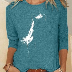 Women’s Animal Horse Pattern Casual Polyester Cotton Top, Long sleeves, Lilicloth.com