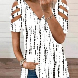 Tribal Geometric Striped Casual Hollow Out V Neck Loose Short Sleeve Tunic Blouse, Blouses, color:flower|size:XXL, Noracora