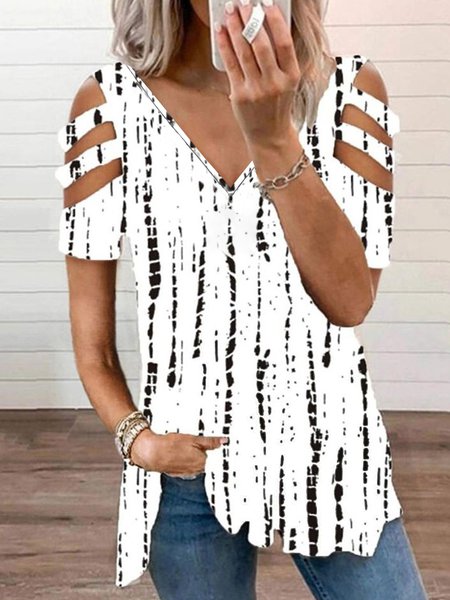Tribal Geometric Striped Casual Hollow Out V Neck Loosen Short Sleeve Tunic T-Shirt, Shirts & Blouses, color:flower|size:XXL, JustFashionNow