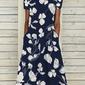 Cotton Blends Floral Loose Short Sleeve Woven Dress, Midi, color:Blue|size:XXL, catalog Noracora shop