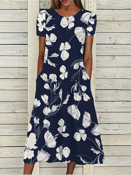 JFN Round Neck Floral Casual Midi Dress, Dresses, color:Blue|size:XXL, JustFashionNow