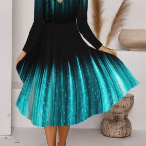 Women Abstract V Neck Long Sleeve Comfy Casual Maxi Dress, Maxi, color:Black|size:XXL, Noracora