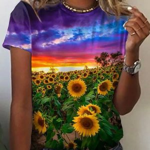 Women's Gradient Sunflower Pattern Short Sleeve T-Shirt Casual Everyday Clothing, T-Shirts, color:As Picture|size:XXL, JustFashionNow