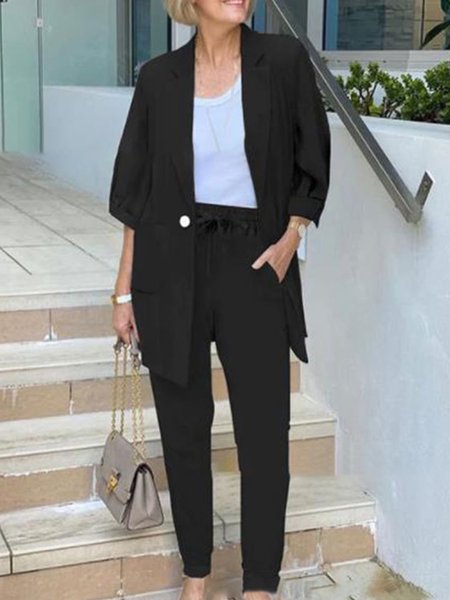 Casual Shawl Collar Two-Piece Set, Suit Set, color:Black|size:3XL, JustFashionNow