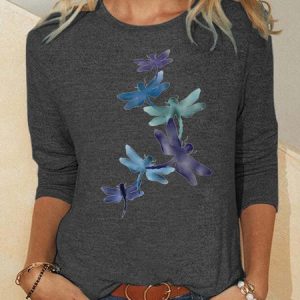 Women's Dragonfly Colorful Cotton-Blend Casual Long Sleeve Top, Long sleeves, Lilicloth.com