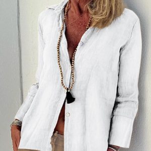 Women Casual Plain Shirt Collar Button Down Linen Breathable Long Sleeve Blouse, Blouses & Shirts, Roselinlin - Online Catalog