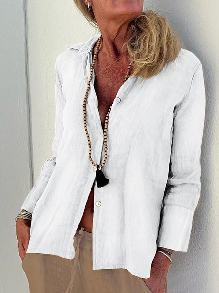Shirt Collar Plain Linen Buttoned Blouse, Shirts & Blouses, color:White|size:XXL, JustFashionNow