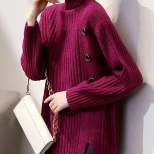 Urban Loose Plain Long Sleeve Turtleneck Sweater, Pullovers, color:Deep Pink|size:XXL, Stylewe