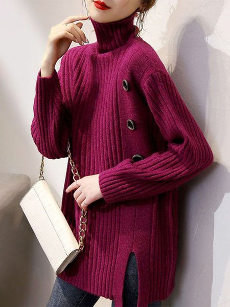 Urban Loose Plain Long Sleeve Turtleneck Sweater, Pullovers, color:Deep Pink|size:XXL, Stylewe