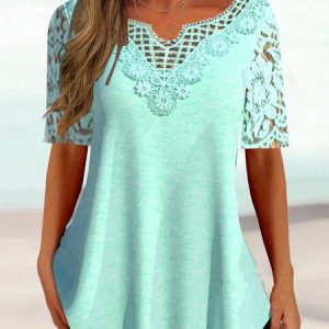 Loose Lace Notched Plain Casual Summer Shirt, Shirts & Blouses, color:mint|size:XXL, JustFashionNow