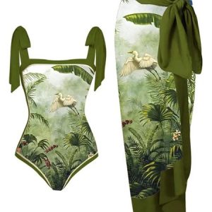 Vacation Plants Square Neck One Piece With Cover Up, swimwear>>One-Pieces, color:Green|size:XXL, JustFashionNow