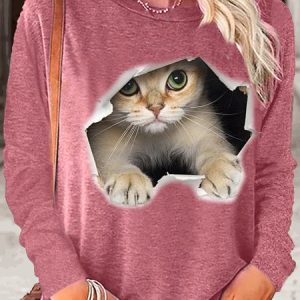 Women's Funny 3D Cat Print Crew Neck Top, color:Rose Red|size:3XL, Lilicloth.com