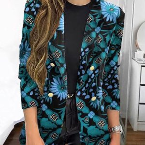 Loose Floral Shawl Collar Casual Blazer, Blazers, color:Sky Blue|size:3XL, JustFashionNow