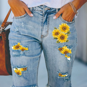 Women's Sunflower Hole Patch Fifth Pants Denim Shorts, color:Blue|size:3XL, Lilicloth.com