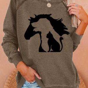 Women's Lovely Horse Dog Cat Printed Simple Animal Graphic Sweatshirt, color:Brown|size:3XL, Lilicloth.com