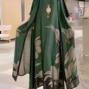 Women Floral Crew Neck Half Sleeve Comfy Casual Coat With Skirt Two-Piece Set, Sets, color:flower|size:3XL, Noracora