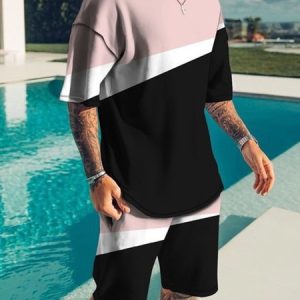 Casual Color Block Crew Neck Two-Piece Set, Suit Set, color:Pink|size:4XL, JustFashionNow